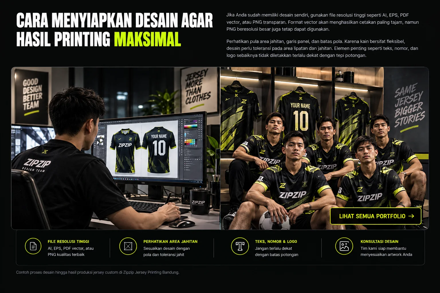Proses desain jersey printing Bandung dan mockup custom Zipzip sebelum produksi.