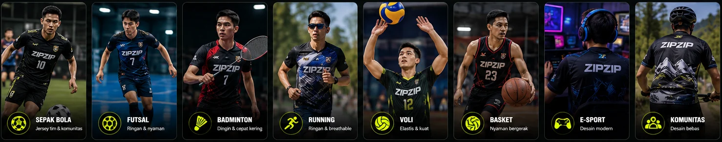 Jenis jersey printing Bandung Zipzip untuk sepak bola, futsal, badminton, running, voli, basket, e-sport dan komunitas.